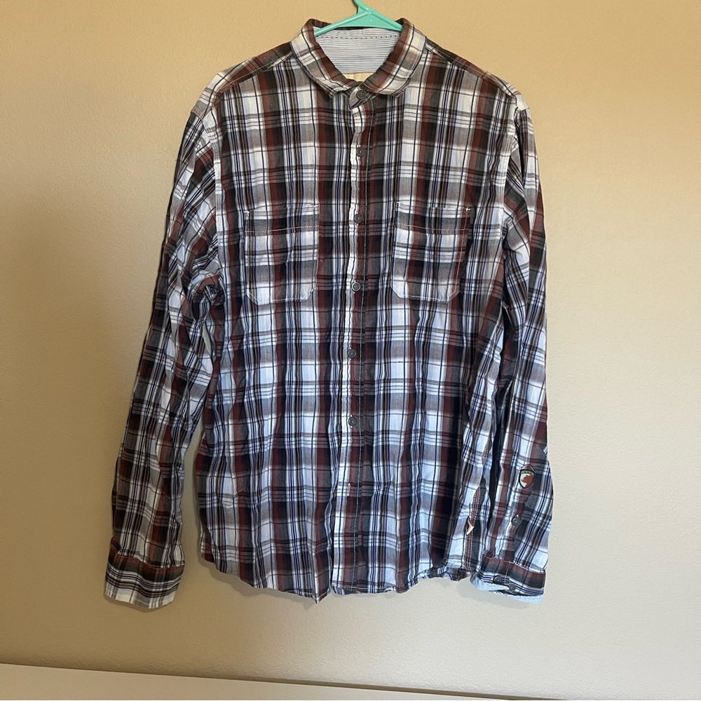 Casual Plaid Button-Down Shirt - Brown and White